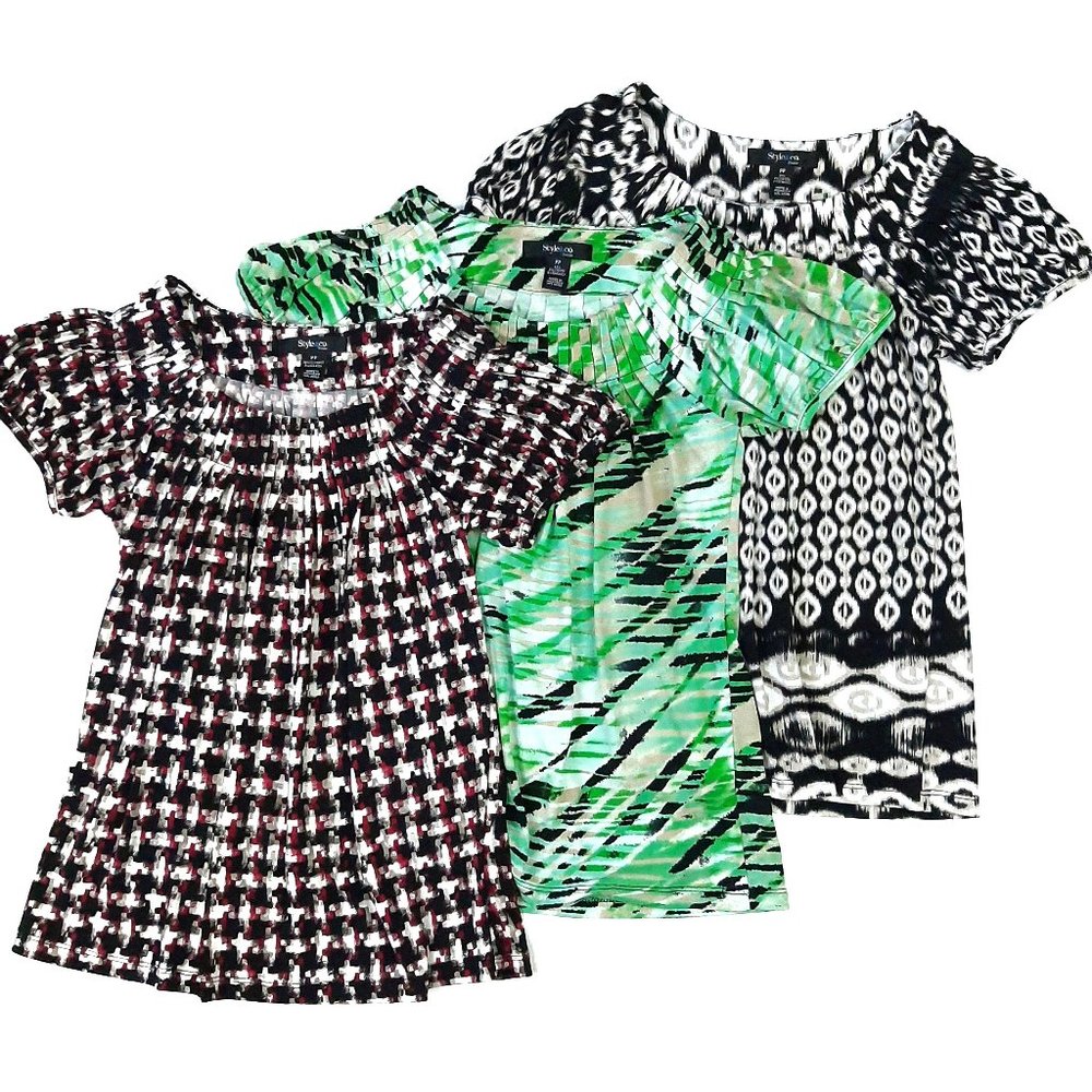 Style & Co Printed Pleat Neck Tops - Bundle of 3